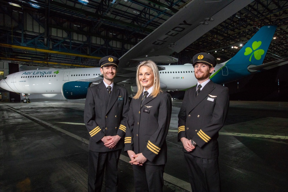 Pictured at the Aer Lingus brand reveal in front of an Airbus A330 freshly painted in the new aircraft livery are from left  First Officer Niall McCauley;First Officer Laura Bennett; First Officer Paul Deegan;Pic:Naoise Culhane 